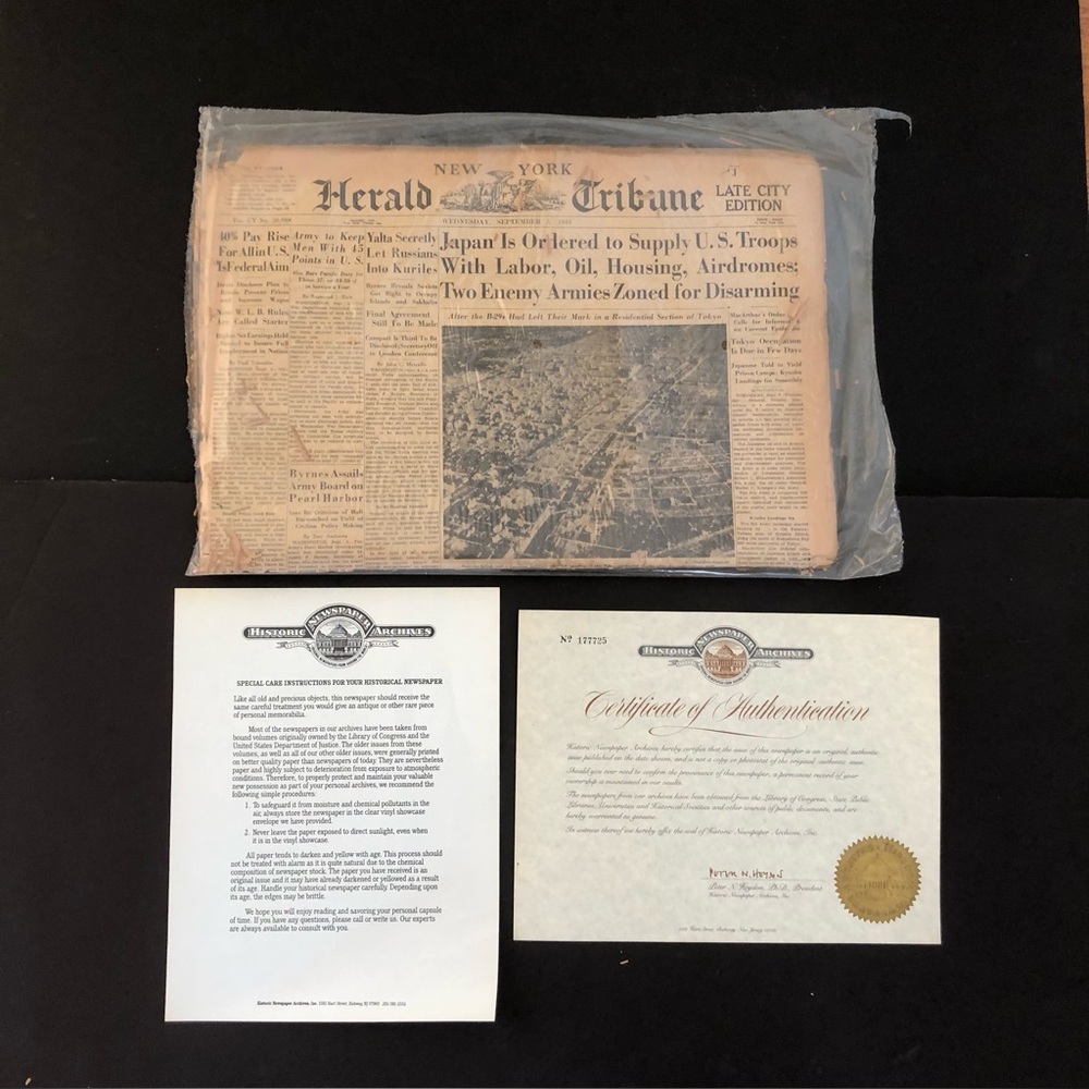 1945 Herald Tribune Vintage Newspaper with Certificate of Authenticity - Neutral